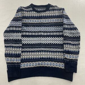 BARBOUR Stonebeck Fair Isle Crew Neck Sweater Blue Large 100% Wool Winter Ski